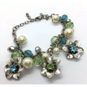 Premier Designs PD GARDEN GATE Faux Pearls Crystal Flowers 7.25”-9” Bracelet